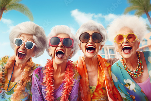 A holiday cool group of grannies are smiling sunglasses next to the pool ; a vacation background or banner