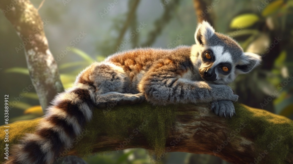 Obraz premium Cute lemur lying tree animal bamboo species illustration picture AI generated art