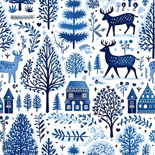 Nordic blue and white Scandinavian style Christmas pattern. Seamless repeating background