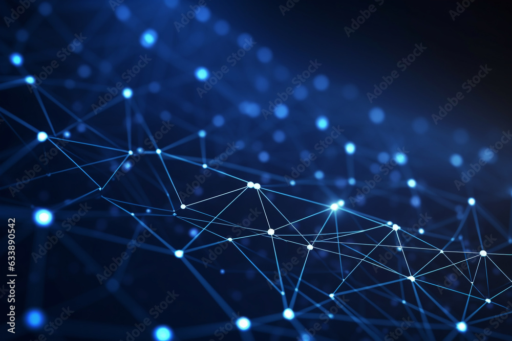 Abstract blue digital technology background of dots, cells and lines. Concept for neural network, cybersecurity,  data stream, database, supercomputer, cloud computing. Generative AI illustration