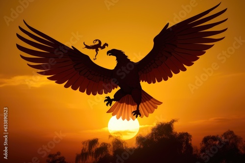 Symbol of Valor: Iconic Roman Aquila's Silhouette Framed by the Setting Sun, Evoking the Resolute Momentum of a Legion on the Move Generative AI