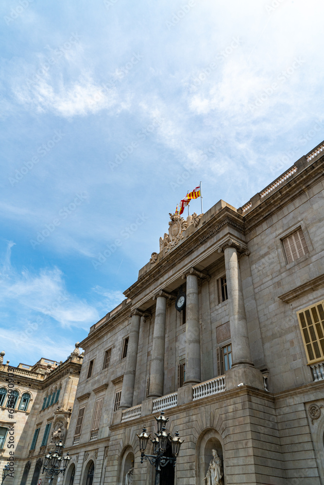 Wide shot of the Palau de la Generalitat de Catalunya in Barcelona, Spain