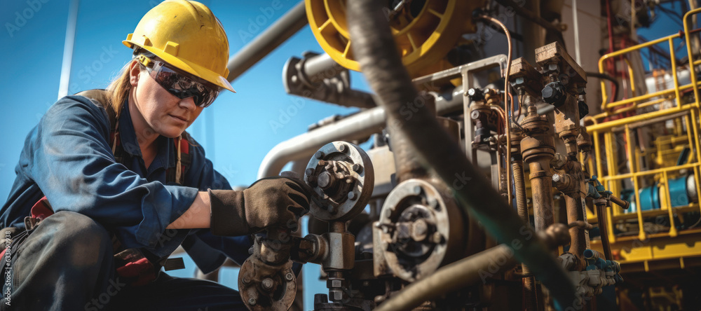 A skilled specialist, wearing safety attire, carries out conditioning tasks on a marine oil and hydrocarbon platform on a sunny day.copy space A skilled specialist, wearing safety attire, carries out conditioning tasks on a marine oil and hydrocarbon platform on a sunny day.copy space