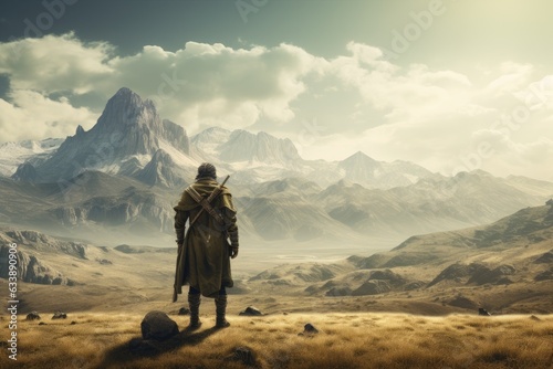 Journey's Gaze: The Back View of a Legionnaire Peering Over Expansive Terrains, Symbolizing the Epic Undertakings of Long Travel Generative AI
