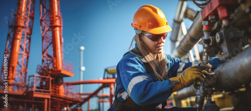 A skilled specialist, wearing safety attire, carries out conditioning tasks on a marine oil and hydrocarbon platform on a sunny day.copy space