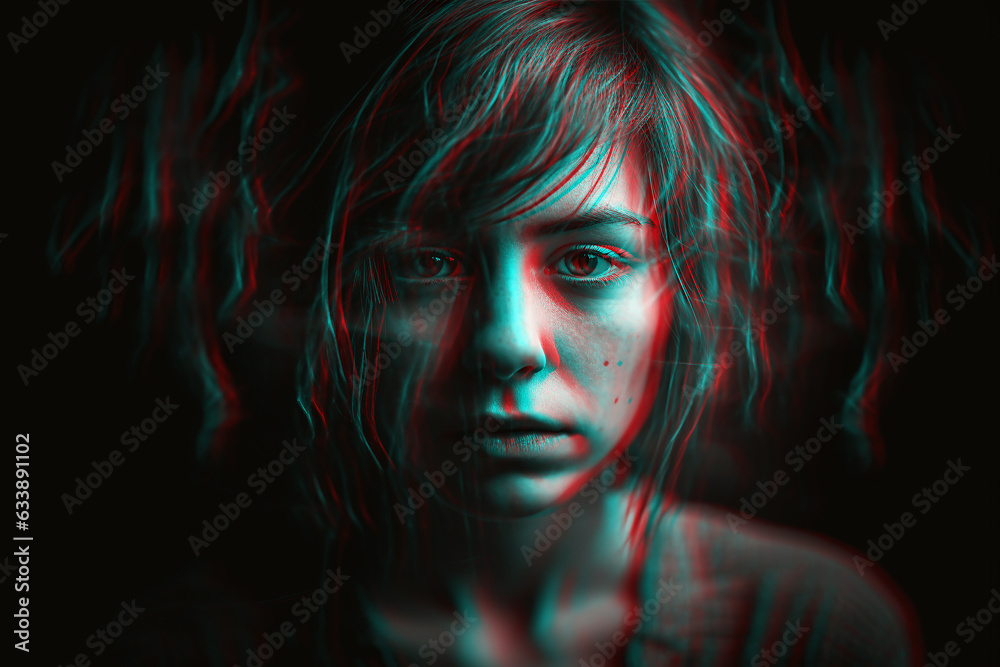 woman with mental disorders and paranoia in depression and stress. Black and white with 3D glitch virtual reality effect. Generative AI - obrazy, fototapety, plakaty 