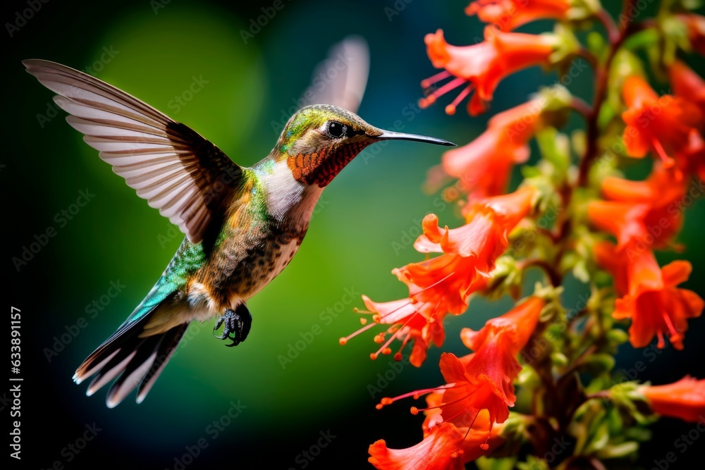Fototapeta premium Bright shiny hummingbird in flight and a branch of pink flowers