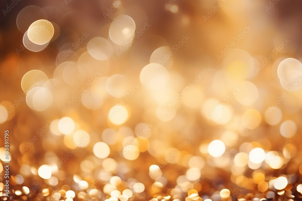 Background of abstract defocused rich gold glitter lights on with bokeh. Christmas or New Year. Generative AI