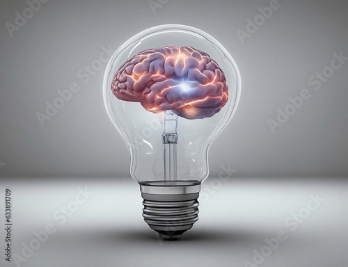 Innovative Brain Concept: Transparent Light Bulb with Glowing Mind Inside