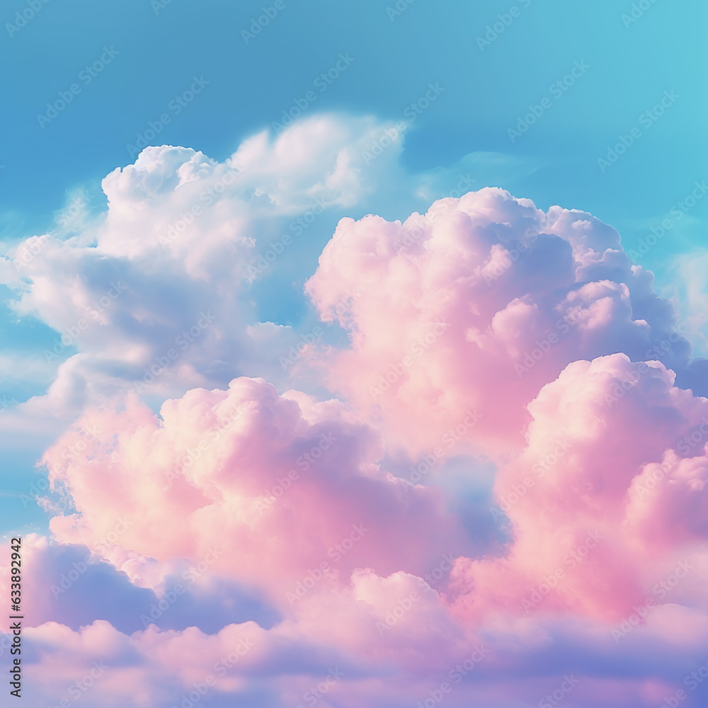 Background of fluffy baby pink and blue pastel cotton candy clouds in the sky. Generative AI Background of fluffy baby pink and blue pastel cotton candy clouds in the sky. Generative AI