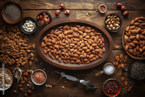 Almonds on a wooden kitchen counter. Naturally lit surroundings in boho style.