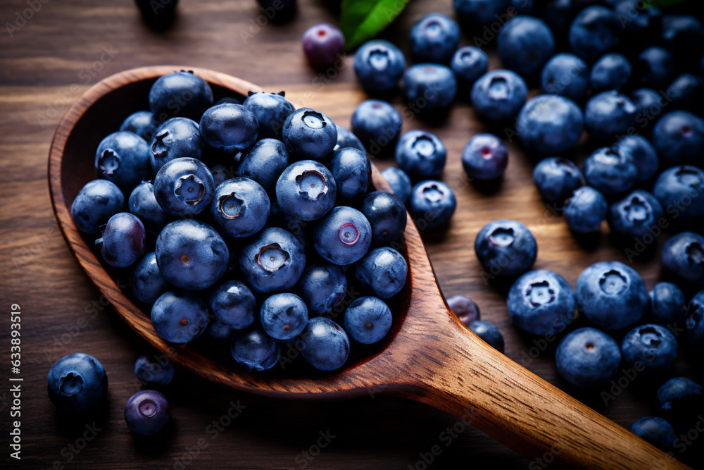 Blueberries naturally lit in a boho style. Scene on a wooden kitchen countertop. Blueberries naturally lit in a boho style. Scene on a wooden kitchen countertop.