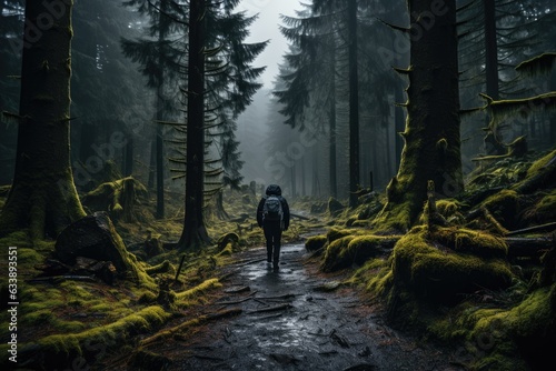 In the Heart of the Wilderness: A Backward Glance as an Adventurer Strolls Along a Trail in a Thick Forest, Immersed in the Beauty of the Journey Generative AI