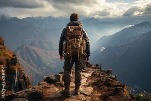 Vertical Pursuits: An Explorer on a Mountain or Cliff Face, Midway Climb with Back or Side Perspective, Echoing the Journey's Determination and Courage Generative AI