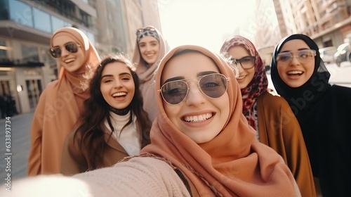 selfie portrait of a muslim arabic woman women wearing sunglasses in a big city