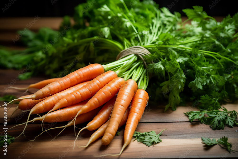 Carrots on a wooden kitchen counter. Naturally lit surroundings in boho style. Carrots on a wooden kitchen counter. Naturally lit surroundings in boho style.