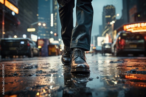 Journey through Concrete Jungles: In-Motion Boots or Shoes, Engaging with Urban Pavements and Backlit by the Cityscape, Faces in the Shadows Generative AI