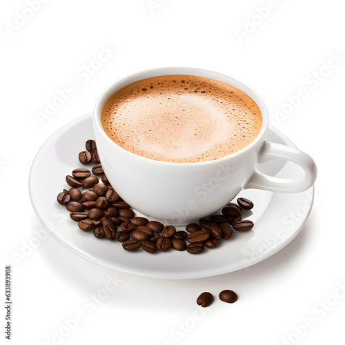 White coffee mug set on saucer with roasted coffee beans, white background