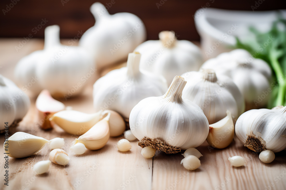 Garlic naturally lit in a boho style. Scene on a wooden kitchen countertop. Garlic naturally lit in a boho style. Scene on a wooden kitchen countertop.