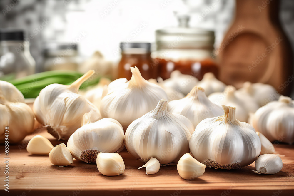 Garlic naturally lit in a boho style. Scene on a wooden kitchen countertop. Garlic naturally lit in a boho style. Scene on a wooden kitchen countertop.