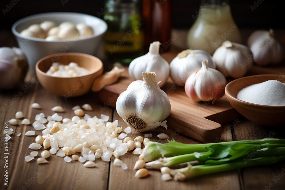 Garlic on a wooden kitchen counter. Naturally lit surroundings in boho style. Garlic on a wooden kitchen counter. Naturally lit surroundings in boho style.