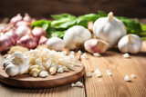 Garlic naturally lit in a boho style. Scene on a wooden kitchen countertop.