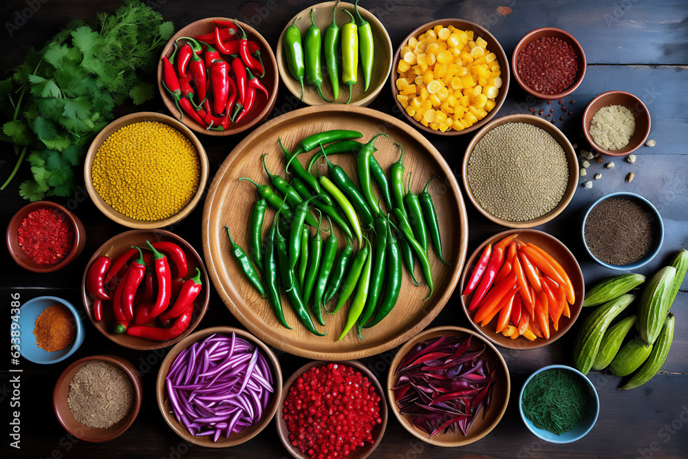 Different types of peppers and spices seen from above on a wooden kitchen counter. Naturally lit surroundings in boho style.