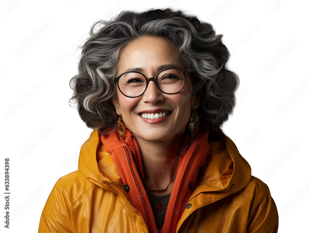 Portrait of a Smiling Asian Business Woman middle age 50s 40s with natural makeup clean face, colorful clothes, isolated, png