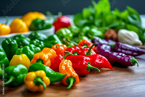 Hot pepers on a wooden kitchen counter. Naturally lit surroundings in boho style. photo