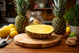Pineapple on a wooden kitchen counter. Naturally lit surroundings in boho style.