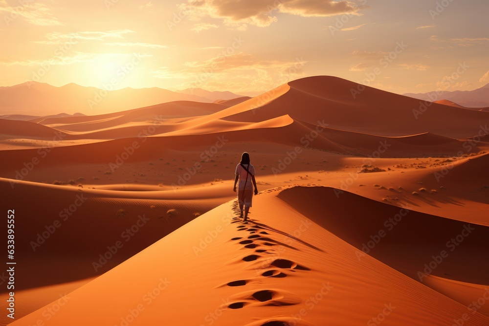 Uncharted Desolation: Glimpse of a Figure in the Distance Navigating the Desert's Endless Sands and Shifting Dunes, Conveying Vastness and Solitude Generative AI
