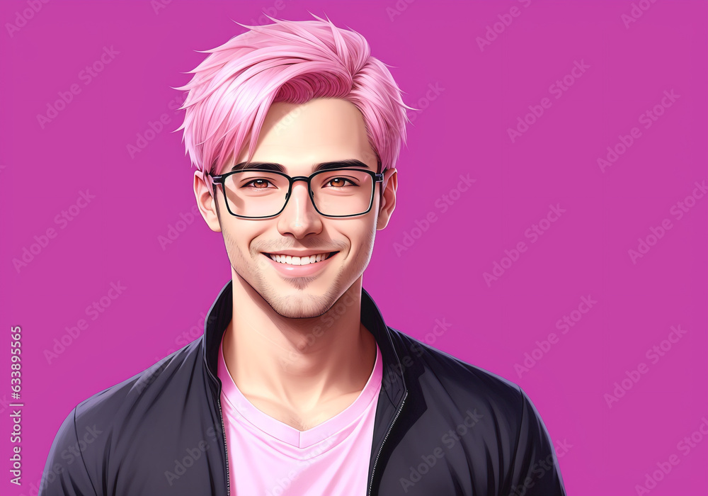 Portrait of a handsome young man with pink hair and glasses. Generative AI