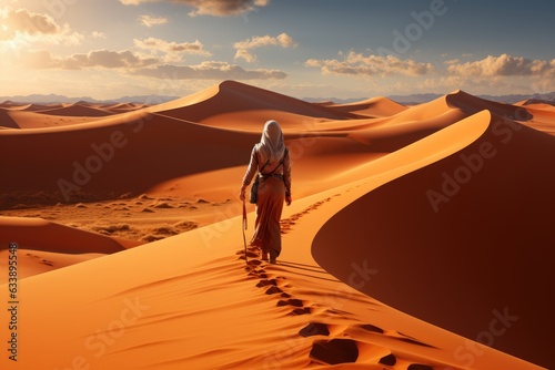 Desert s Whisper  From a Distance  an Explorer Walking on the Infinite Sands with Shifting Dunes  Echoing the Vastness and Solitary Quest Generative AI
