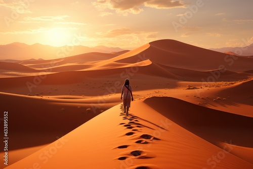 Uncharted Desolation  Glimpse of a Figure in the Distance Navigating the Desert s Endless Sands and Shifting Dunes  Conveying Vastness and Solitude Generative AI