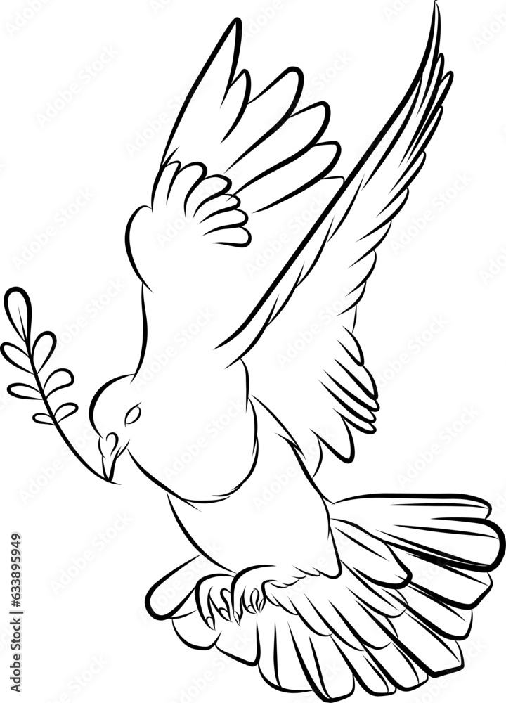 Obraz premium flying dove holds an olive branch as an iconic vector of peace line art.