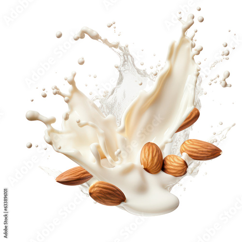 Fotografiet Milk splash with almonds isolated on transparent or white background, png
