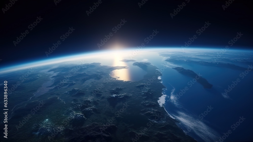 Die Erde aus der Sicht von einem Satelliten aus dem All. Erdball mit aufgehender Sonne. Die Erde aus der Sicht von einem Satelliten aus dem All. Erdball mit aufgehender Sonne.