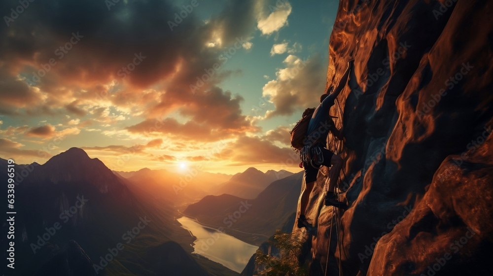 Silhouette of rock climber, background, sunset, high adrenaline. Generative AI