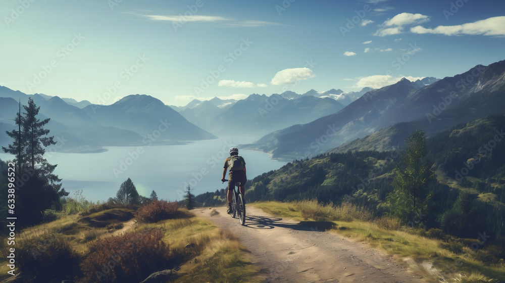 Fototapeta premium Bicyclist riding down a trail, scenic background mountains and lake. Generative AI