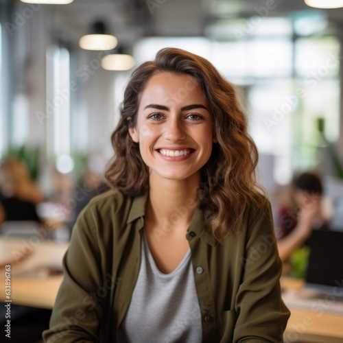 Young smiling businesswoman sitting at her desk in a light-filled modern office