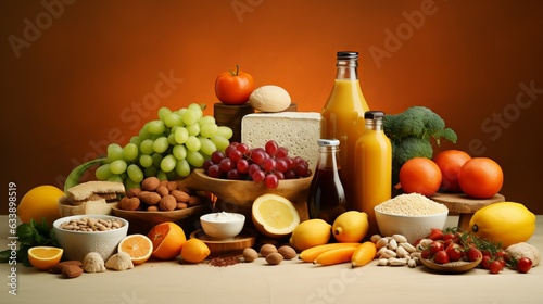 Fresh vegetable vegetables and fruit fruits with smoothies juice milk in bottles with healthy ingredients for diet