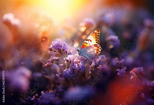 a butterfly butterflies and lavender flower at sunrise on a background with sun rays, in the style of light orange and light indigo, wimmelbilder, photo