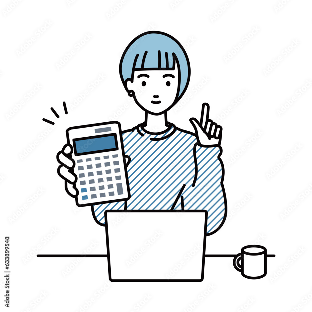 a woman in casual style recommending, proposing, showing and pointing a calculator with a smile in front of laptop pc a woman in casual style recommending, proposing, showing and pointing a calculator with a smile in front of laptop pc