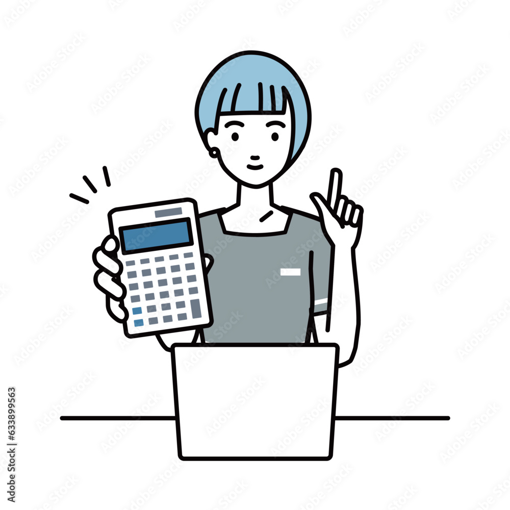 an esthetician, receptionist woman recommending, proposing, showing estimates and pointing a calculator with a smile in front of laptop pc an esthetician, receptionist woman recommending, proposing, showing estimates and pointing a calculator with a smile in front of laptop pc