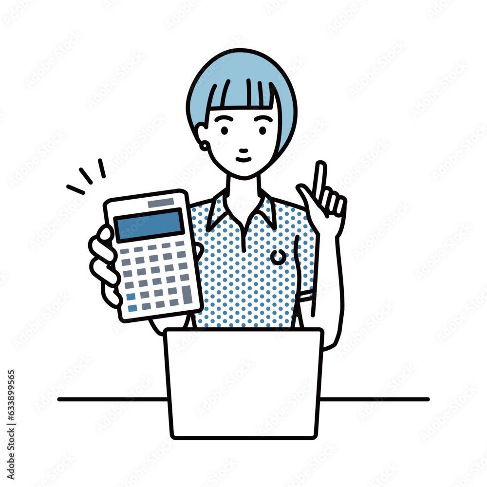 a woman in polo shirt recommending, proposing, showing estimates and pointing a calculator with a smile in front of laptop pc a woman in polo shirt recommending, proposing, showing estimates and pointing a calculator with a smile in front of laptop pc
