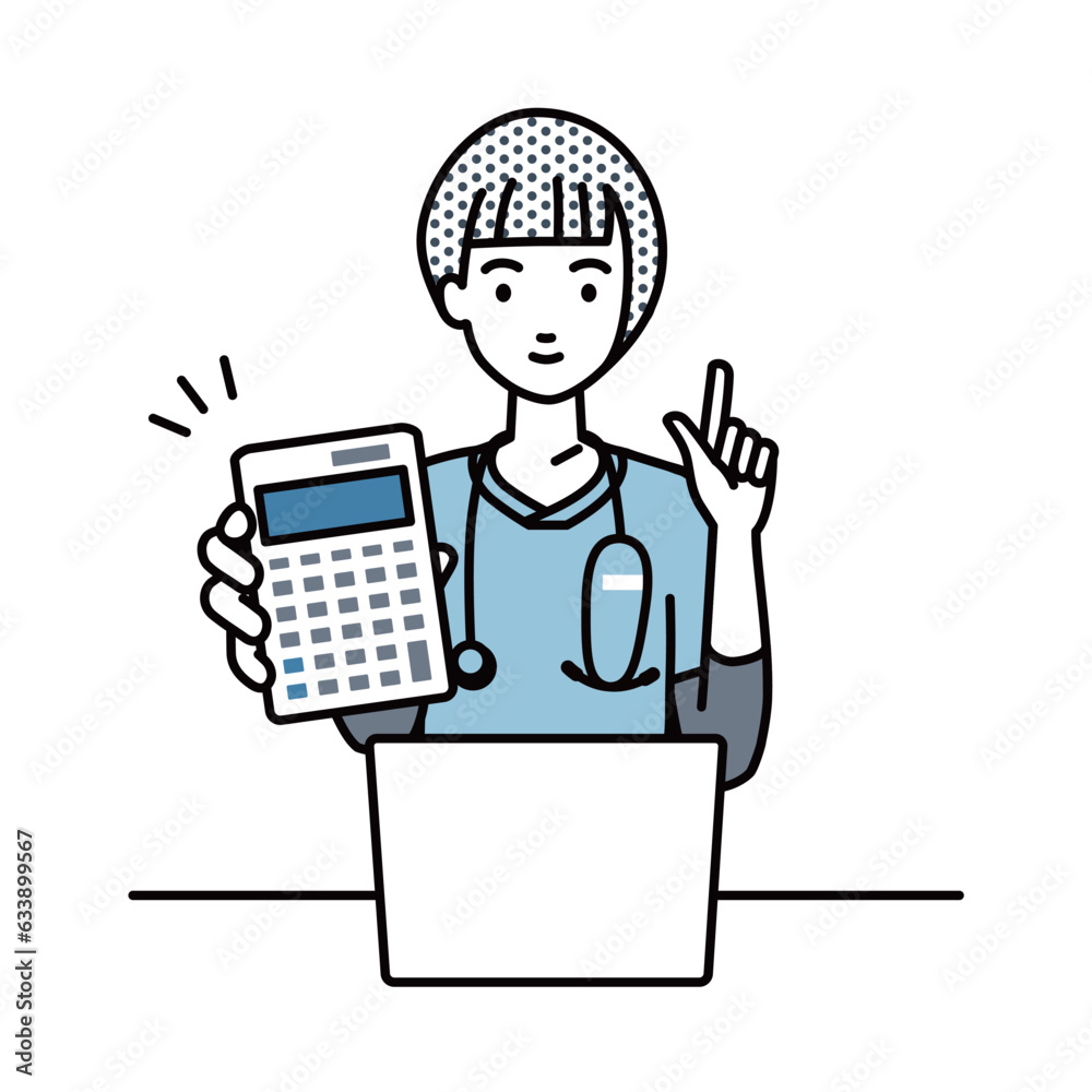 a nurse woman recommending, proposing, showing estimates and pointing a calculator with a smile in front of laptop pc a nurse woman recommending, proposing, showing estimates and pointing a calculator with a smile in front of laptop pc