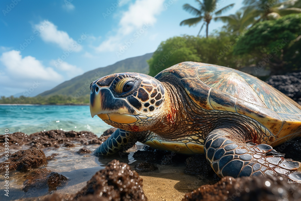 A large hawksbill turtle on a tropical beach with palm trees and golden sand.  Generative AI.