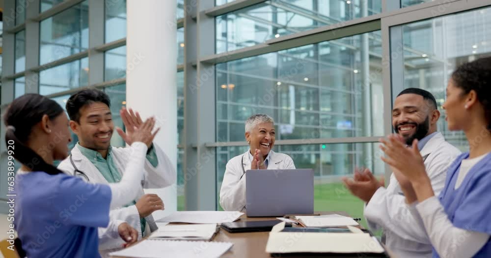 Doctor, team meeting and applause of medical and healthcare group in office. Motivation, celebration smile and support of hospital and clinic staff with success and happy from professional teamwork Doctor, team meeting and applause of medical and healthcare group in office. Motivation, celebration smile and support of hospital and clinic staff with success and happy from professional teamwork
