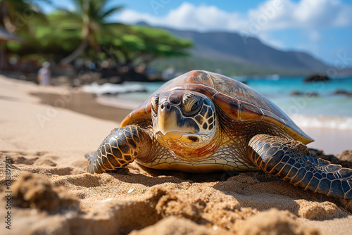 A large hawksbill turtle on a tropical beach with palm trees and golden sand. Generative AI.