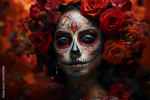 Festive woman with sugar skull makeup surrounded by flowers in Dia de Los Muertos celebration